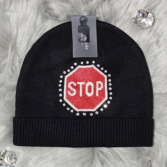 Kate Spade Hat Beanie Black Wool Blend Traffic Sign Stop Sign Go Rhinestones NWT - Picture 1 of 5